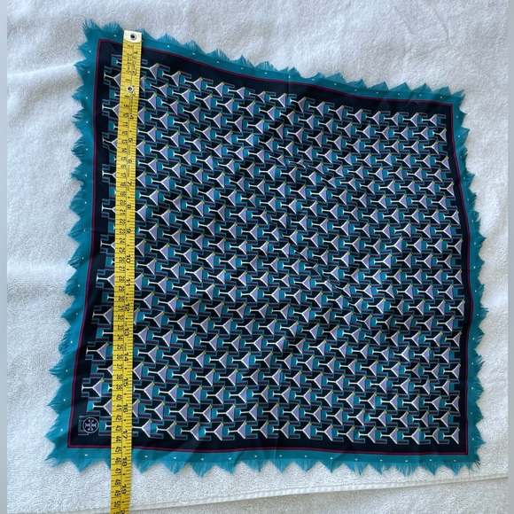 Tory Burch Martini Glass Art Deco Silk Neckerchief Square Scarf - 18” X 18” 💙🩵 - Picture 9 of 16